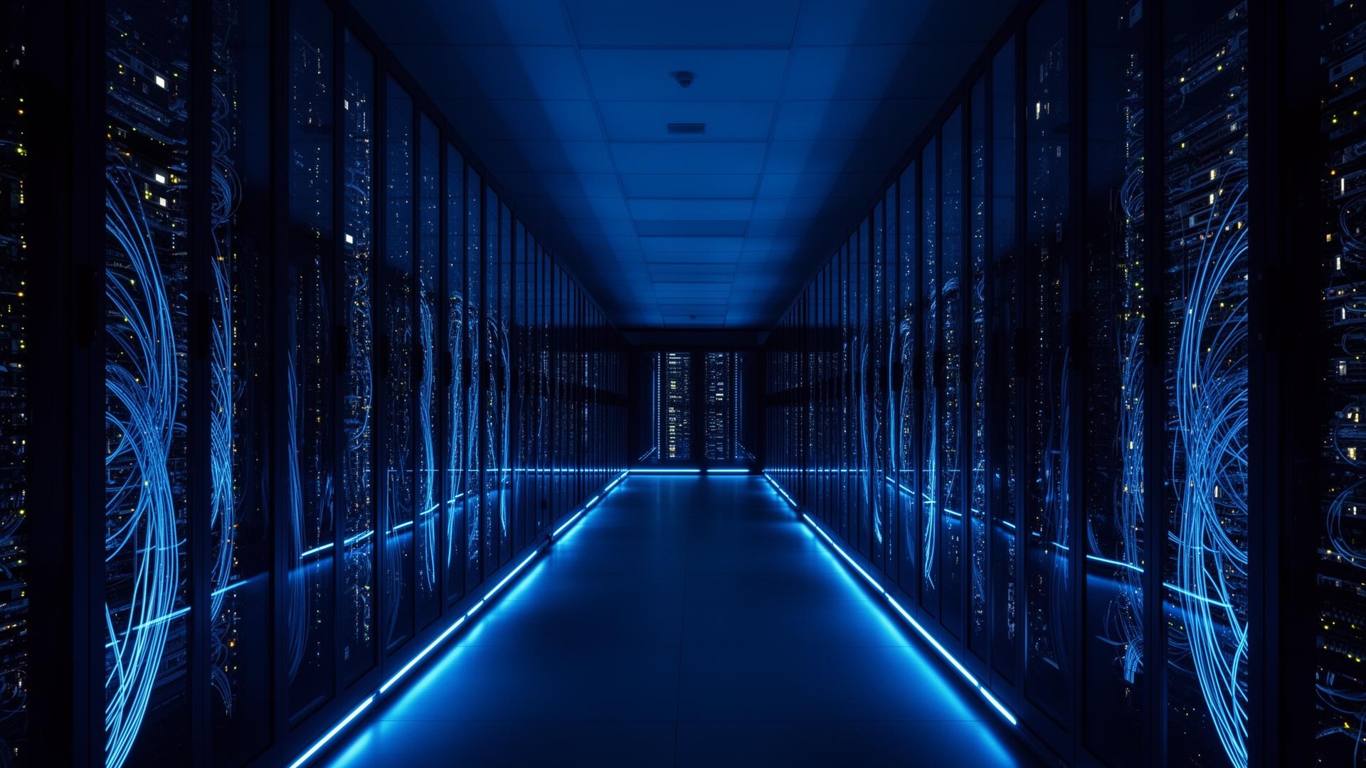 Modernes Rechenzentrum mit blauen LED-Leuchten